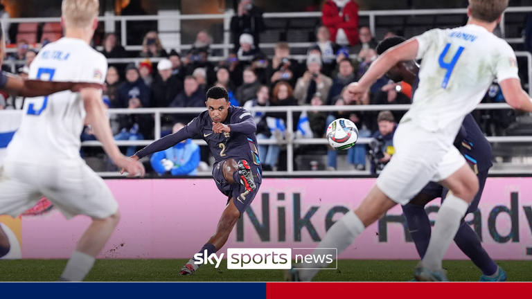 England's Trent Alexander-Arnold (centre) scores their side's second goal of the game during the UEFA Nations League Group B2 match at the Helsinki Olympic Stadium in Finland. Picture date: Sunday October 13, 2024.