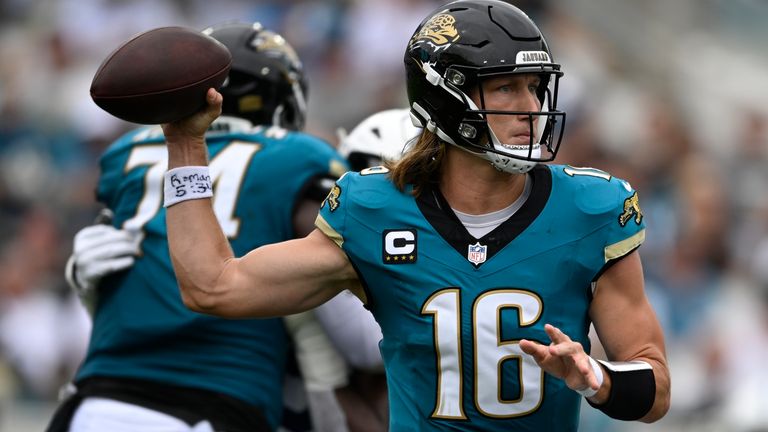 Jacksonville Jaguars quarterback Trevor Lawrence throws during the second half of an NFL football game against the Indianapolis Colts, Sunday, Oct. 6, 2024, in Jacksonville, Fla. (AP Photo/Phelan M. Ebenhack)