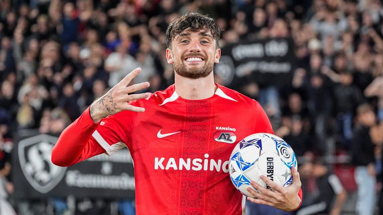 Troy Parrott of AZ Alkmaar posing after scoring four goals during the Dutch Eredivisie match between AZ Alkmaar and SC Heerenveen at AFAS Stadion on September 14, 2024 in Alkmaar, Netherlands.