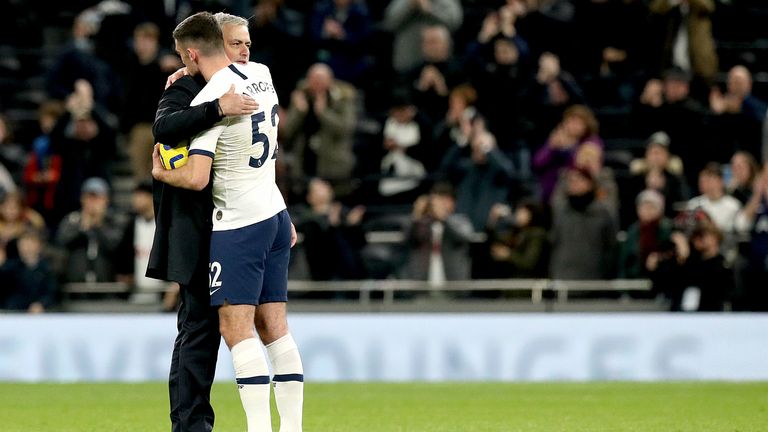 Tottenham Hotspur manager Jose Mourinho (left) with Troy Parrott after the final whistle during the Premier League match at the Tottenham Hotspur Stadium, London. PA Photo. Picture date: Saturday December 7, 2019. See PA story SOCCER Tottenham. Photo credit should read: Jonathan Brady/PA Wire. 