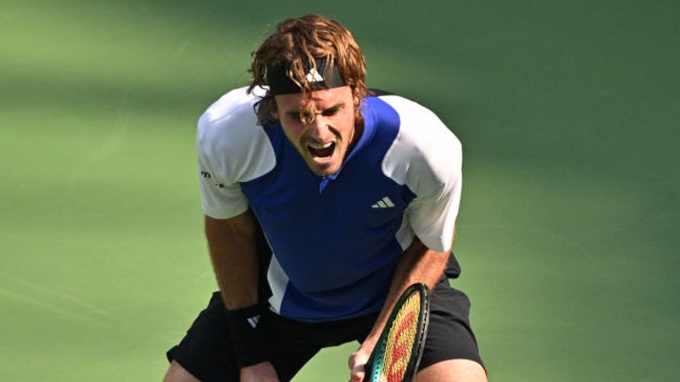 Greece...s Stefanos Tsitsipas celebrates his win against France...s Alexandre Muller during their men's singles match at the Shanghai Masters tennis tournament in Shanghai on October 8, 2024. (Photo by HECTOR RETAMAL / AFP)