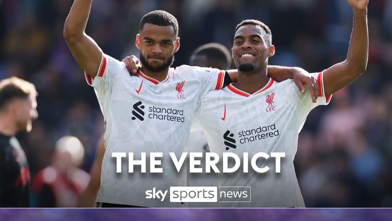 Liverpool's Cody Gakpo, centre left, Ryan Gravenberch, centre, and Diogo Jota celebrate after the English Premier League soccer match between Crystal Palace and Liverpool at Selhurst Park in London, Saturday, Oct. 5, 2024.