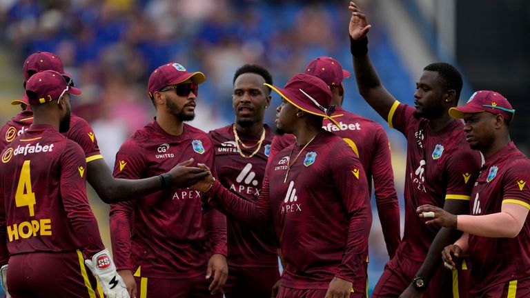 West Indies players celebrate the dismissal of England player Phil Saul during the first ODI cricket match at Sir Vivian Richards Stadium in North Bay, Antigua and Barbuda, Thursday, October 31, 2024 special.