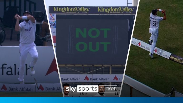 Chris Woakes is denied a peach of a catch after it appears his foot was touching the ground behind the boundary to award Pakistan's Salman Ali Agha a six instead. 