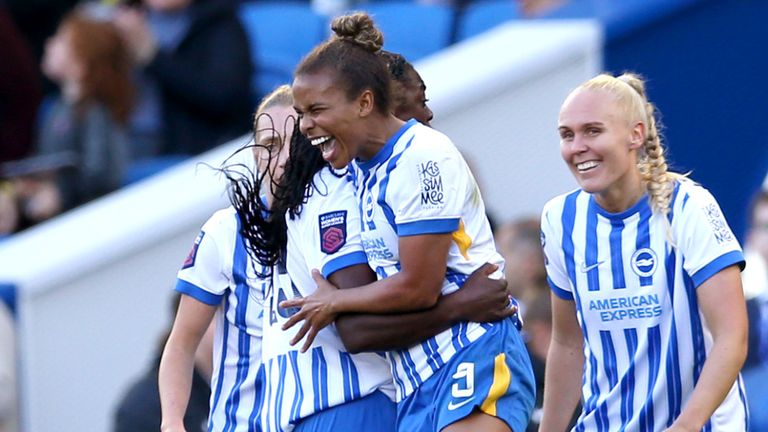 Nikita Parris celebrates after equalising for Brighton against Manchester United