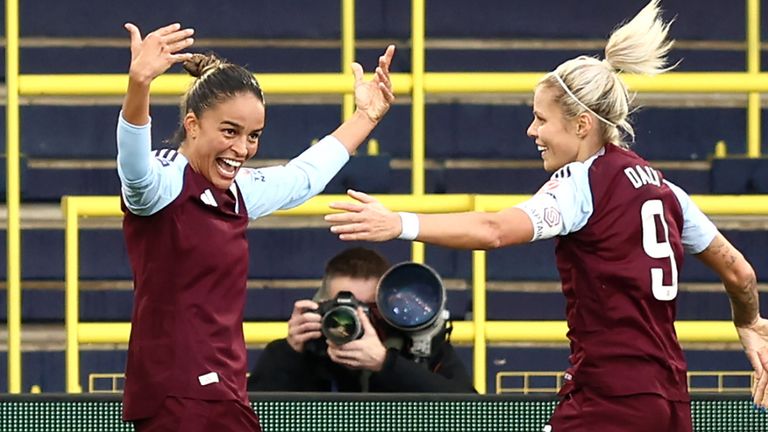 Gabi Nunes celebrates after giving Aston Villa a first-half lead against Manchester City