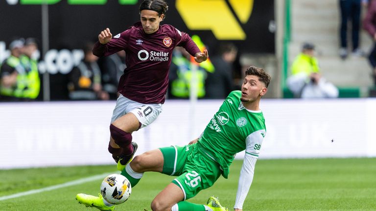 Hearts' Yan Dhanda and Hibernian's Nectarios Triantis in action at Easter Road