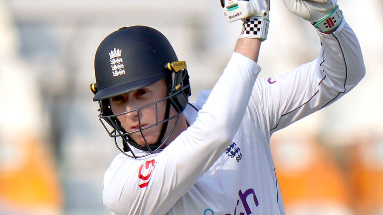 England's Zak Crawley bats during the second day of the first test cricket match between Pakistan and England, in Multan, Pakistan, Tuesday, Oct. 8, 2024. (AP Photo/Anjum Naveed)