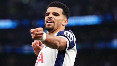 Dominic Solanke celebrates after scoring for Spurs against Aston Villa