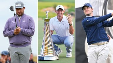 Rory McIlroy (middle) leads the Race to Dubai standings ahead of Thriston Lawrence (left) and Ramsus Hojgaard (right)