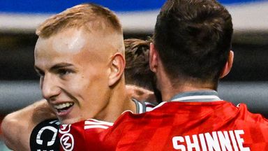 Aberdeen's Topi Keskinen celebrates with Graeme Shinnie after scoring to make it 2-0 against Dundee