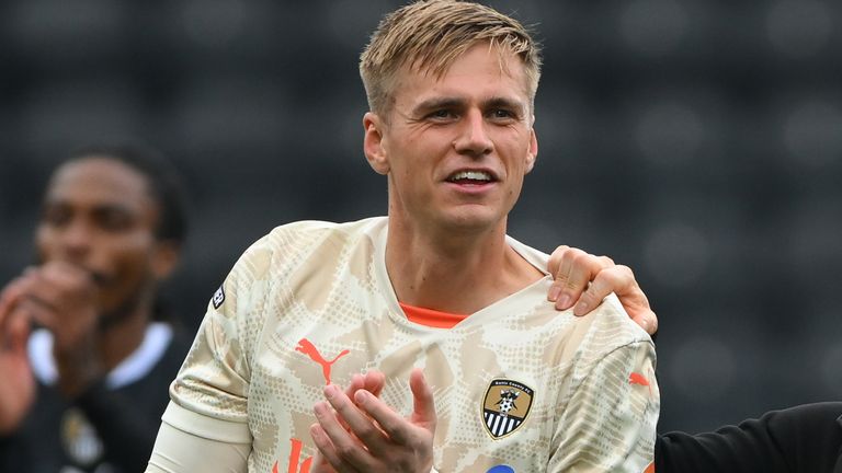 Alex Bass of Notts County and Stuart Maynard, manager of Notts County, celebrate victory during the Sky Bet League 2 match between Notts County and Accrington Stanley at Meadow Lane in Nottingham, England, on September 7, 2024. (Photo by MI News/NurPhoto)