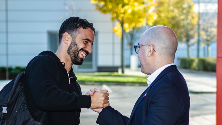 Ruben Amorim is greeted by Omar Berrada at Carrington 