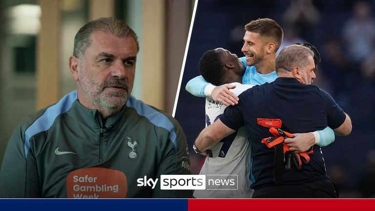 Tottenham Hotspur goalkeeper Guglielmo Vicario (centre) celebrates with teammates and manager Ange Postecoglou (right) after their side's second goal of the game during the Premier League match at the Tottenham Hotspur Stadium, London. Picture date: Saturday August 19, 2023.