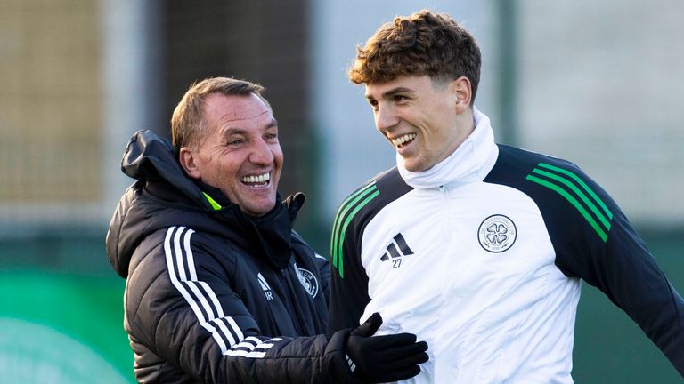 GLASGOW, SCOTLAND - NOVEMBER 21: Brendan Rodgers (L) and Arne Engels during a Celtic training session at the Lennoxtown Training Centre, on November 21, 2024, in Glasgow, Scotland. (Photo by Craig Foy / SNS Group)