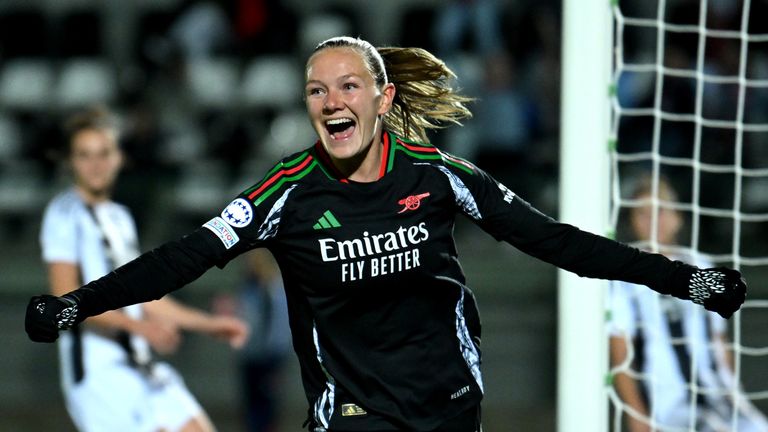 BIELLA, ITALY - NOVEMBER 12: Frida Maanum of Arsenal celebrates scoring her team's first goal during the UEFA Women's Champions League match between Juventus FC and Arsenal FC at Stadio Comunale Vittorio Pozzo Lamarmora on November 12, 2024 in Biella, Italy. (Photo by Alex Burstow/Arsenal FC via Getty Images)