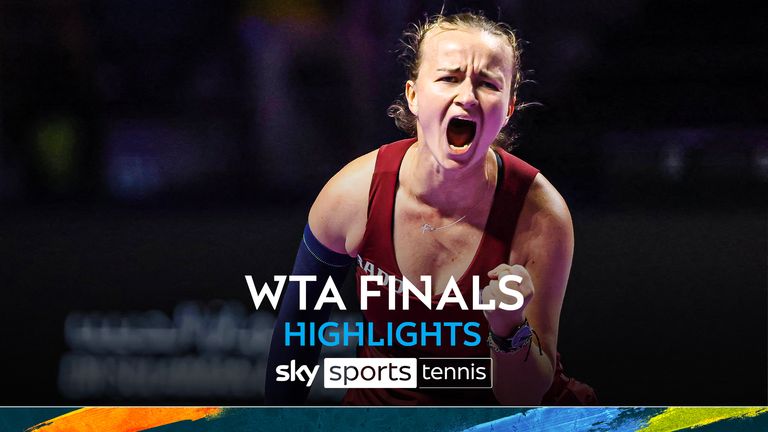 Czech Republic's Barbora Krejcikova reacts after winning against US' Jessica Pegula during their women's singles tennis match at the WTA Finals Championship in Riyadh