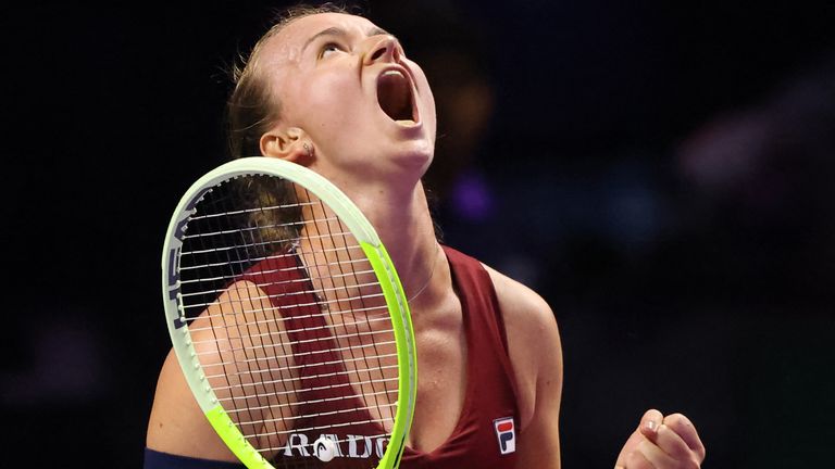 Czech Republic's Barbora Krejcikova celebrates after winning against US' Coco Gauff during their women's singles tennis match at the WTA Finals Championship in Riyadh on November 7, 2024. (Photo by Fayez NURELDINE / AFP)