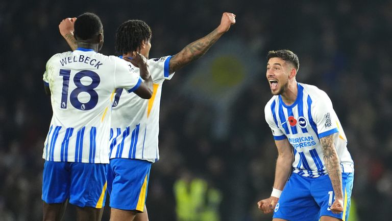 Brighton's Jakub Moder, Danny Welbeck and Joao Pedro celebrate the 2-1 win over Man City