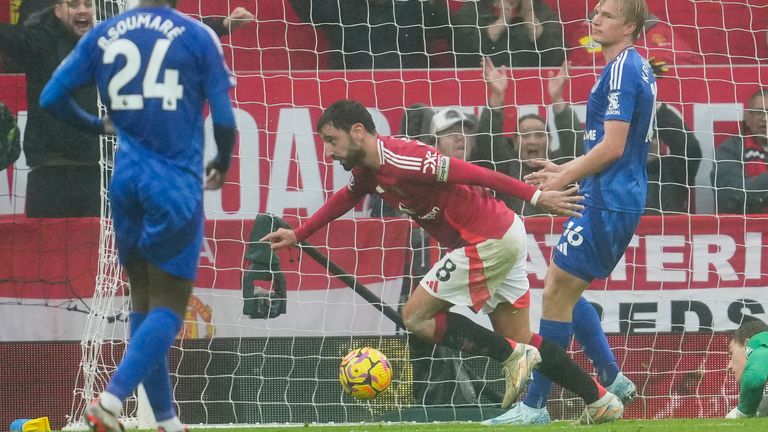 Bruno Fernandes wheels away after Victor Kristiansen puts the ball in his own net (AP Photo/Jon Super)