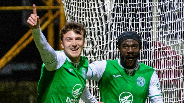 MOTHERWELL, SCOTLAND - NOVEMBER 30: Hibernian's Josh Campbell (L) celebrates scoring to make it 3-0 with Elie Youan during a William Hill Premiership match between Motherwell and Hibernian at Fir Park, on November 30, 2024, in Motherwell, Scotland. (Photo by Alan Harvey / SNS Group)