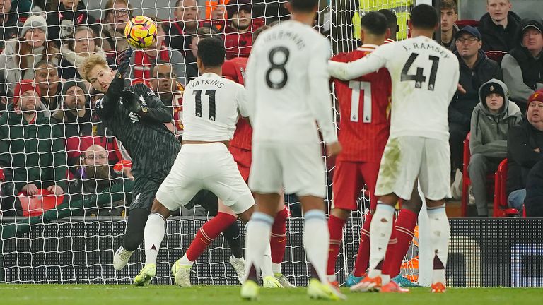 Liverpool goalkeeper Caoimhin Kelleher makes a save from a Villa corner