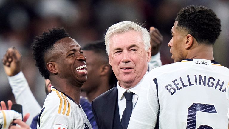 Carlo Ancelotti head Coach of Real Madrid CF celebrates victory with players after the game the LaLiga EA Sports match between Real Madrid CF and FC Barcelona at Estadio Santiago Bernabeu on April 21, 2024 in Madrid, Spain