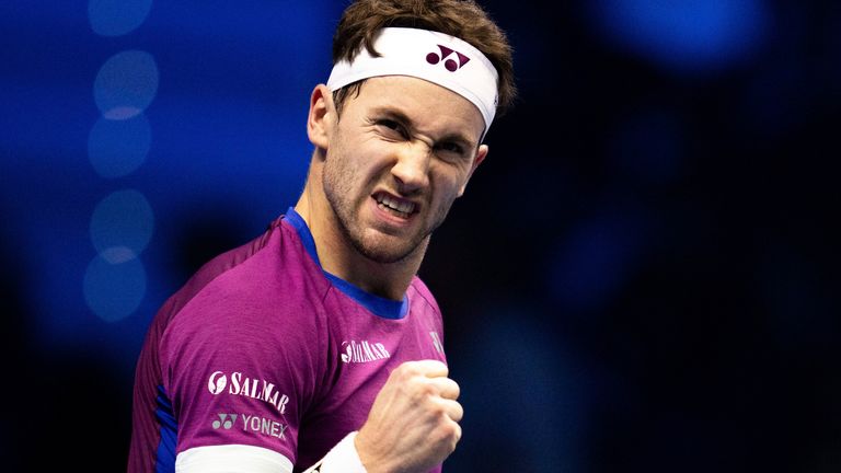 Norway's Casper Ruud reacts during a match against Russia's Andrey Rublev at the ATP World Tour Finals tennis tournament in Turin, Italy, Friday, Nov. 15, 2024.  (Marco Alpozzi/LaPresse via AP)