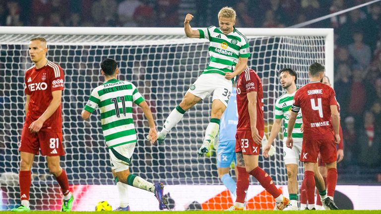 Daizen Maeda scored a double as Celtic swept Aberdeen aside at Hampden Park 