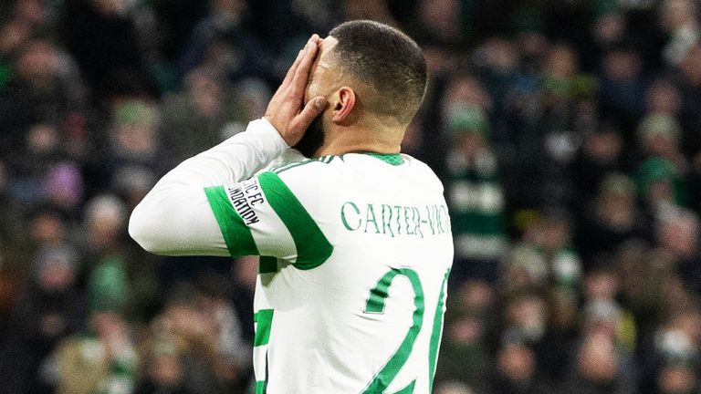 GLASGOW, SCOTLAND - NOVEMBER 27: Celtic's Celtic...s Cameron Carter-Vickers after scoring an own goal to make it 1-0 Club Brugge during a UEFA Champions League 2024/25 League Phase MD5 match between Celtic and Club Brugge at Celtic Park, on November 27, 2024, in Glasgow, Scotland. (Photo by Craig Williamson / SNS Group)