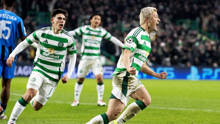 Daizen Maeda celebrates Celtic's equaliser against Club Brugge