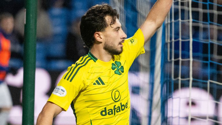 Celtic's Nicolas Kuhn celebrates after scoring to make it 2-0 at Kilmarnock