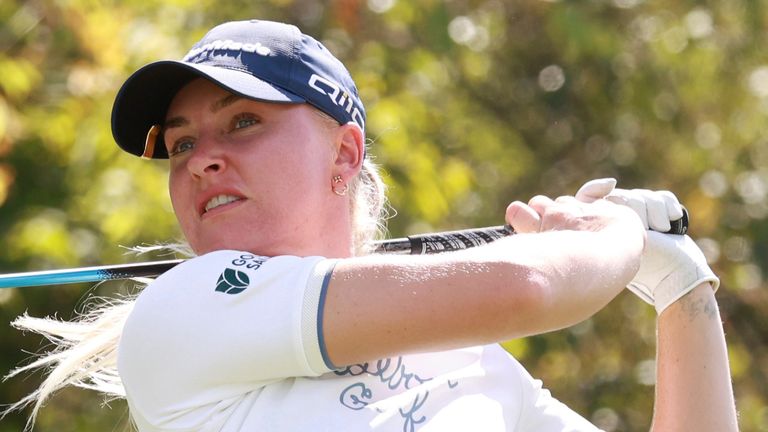 CINCINNATI, OH - SEPTEMBER 21: LPGA player Charley Hull plays her tee shot on the 18th hole during the third round of the Kroger Queen City Championship presented by P&G on September 21, 2024, at TPC River's Bend in Cincinnati, Ohio. (Photo by Brian Spurlock/Icon Sportswire) (Icon Sportswire via AP Images) 