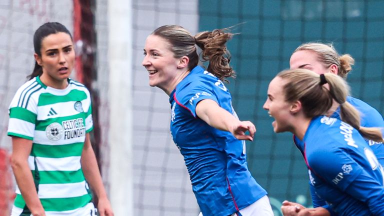 HAMILTON, SCOTLAND - NOVEMBER 17: Rangers' Chelsea Cornet celebrates as she scores to make 3-2 during a ScottishPower Scottish Women's Premier League match between Celtic and Rangers at the ZLX Stadium, on November 17, 2024, in Hamilton, Scotland. (Photo by Ross MacDonald / SNS Group)