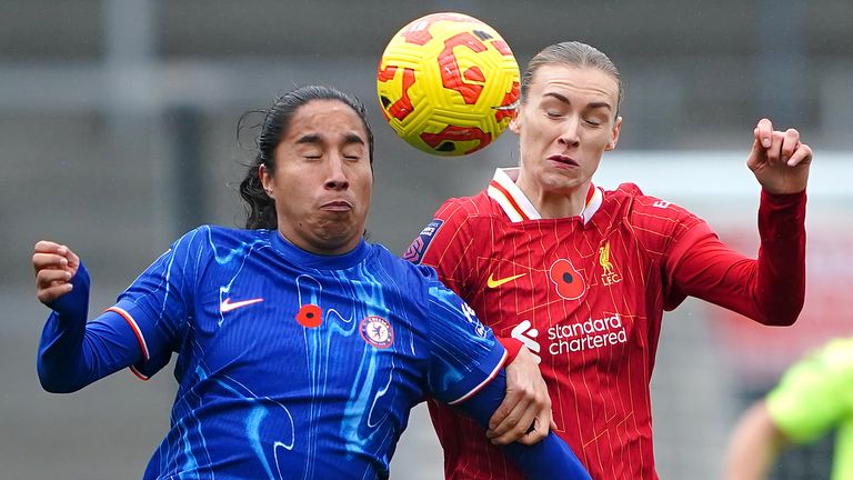 Chelsea's Mayra Ramirez (left) and Liverpool's Jenna Clark battle for the ball