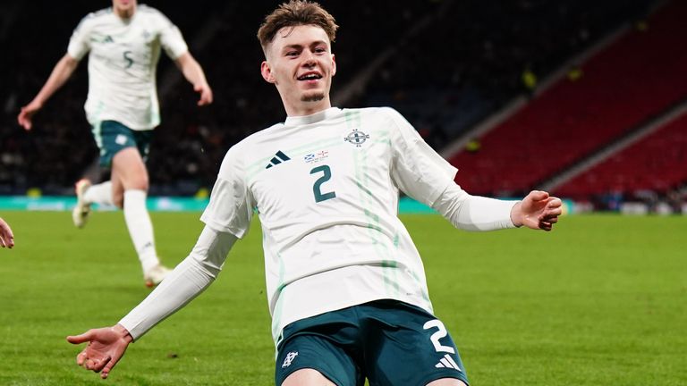 Northern Ireland's Conor Bradley celebrates scoring 