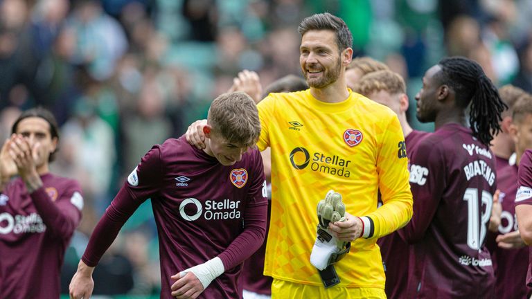 EDINBURGH, SCOTLAND - OCTOBER 27: Hearts' James Wilson (L) with Craig Gordon at full time during a William Hill Premiership match between Hibernian and Heart of Midlothian at Easter Road, on October 27, 2024, in Edinburgh, Scotland. (Photo by Mark Scates / SNS Group)