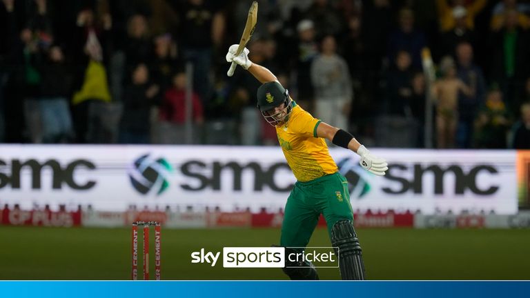 South Africa's Tristan Stubbs celebrates after hitting a boundary to win the second T20 cricket match against India at St George's Park in Gqeberha, South Africa, Sunday, Nov. 10, 2024.