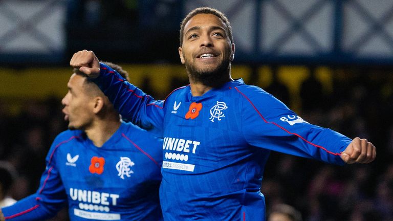 Rangers' Cyriel Dessers celebrates scoring to make it 1-0