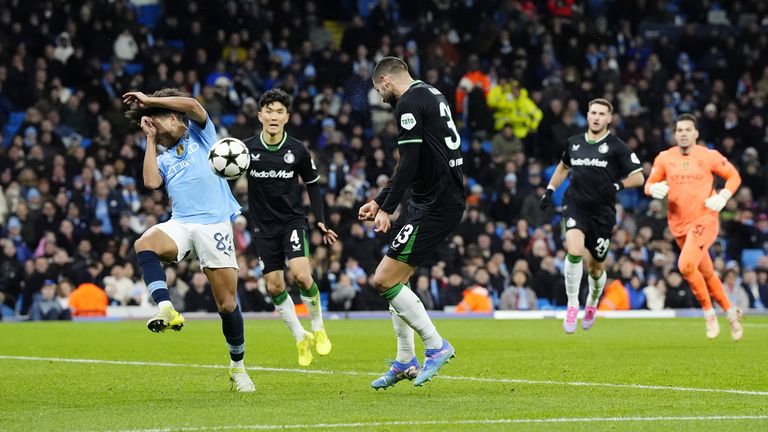 David Hancko heads the equaliser past Rico Lewis