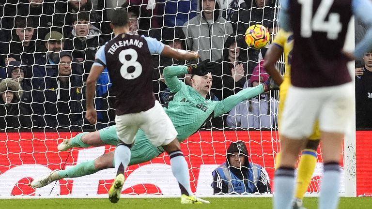 Dean Henderson saves a penalty from Aston Villa's Youri Tielemans