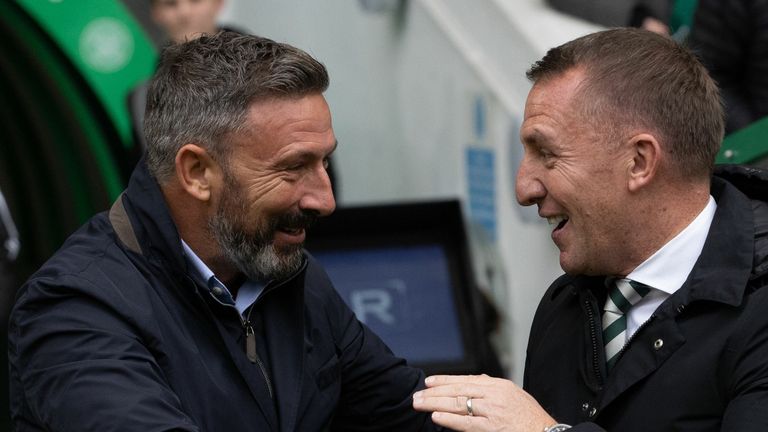 GLASGOW, SCOTLAND - OCTOBER 07: Celtic Manager Brendan Rodgers and Kilmarnock Manager Derek McInnes during a cinch Premiership match between Celtic and Kilmarnock at Celtic Park, on October 07, 2023, in Glasgow, Scotland. (Photo by Alan Harvey / SNS Group)