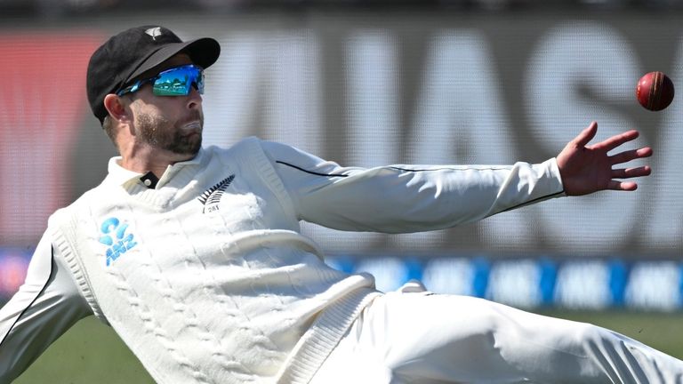 New Zealand's Devon Conway drops a catch against England (Associated Press)