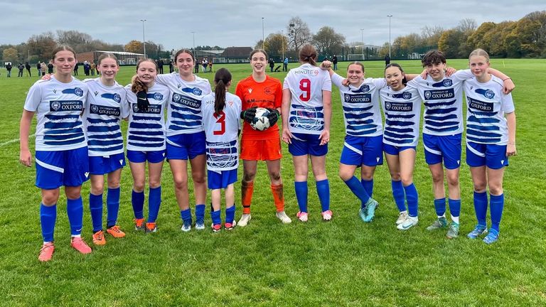 Zoe, third from the left, celebrating a 9-3 win for Oxford City academy and enjoying football again