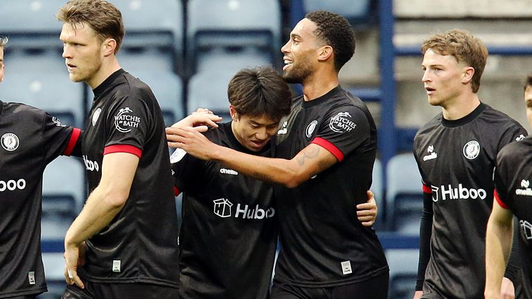 Yu Hirakawa is congratulated by his team-mates after scoring for Bristol City at Preston                                                                                