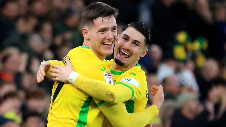 Goalscorers Ante Crnac and Borja Sainz celebrate during Norwich's Championship clash with Luton