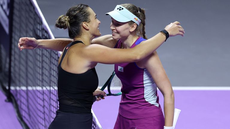 Elena Rybakina of Kazakhstan shakes hands at the net after her three set victory against Aryna Sabalenka in their round robin singles match during Day 5 of the 2024 WTA Finals Riyadh as part of the Hologic WTA Tour at King Saud University Indoor Arena on November 06, 2024 in Riyadh, Saudi Arabia. (Photo by Clive Brunskill/Getty Images)