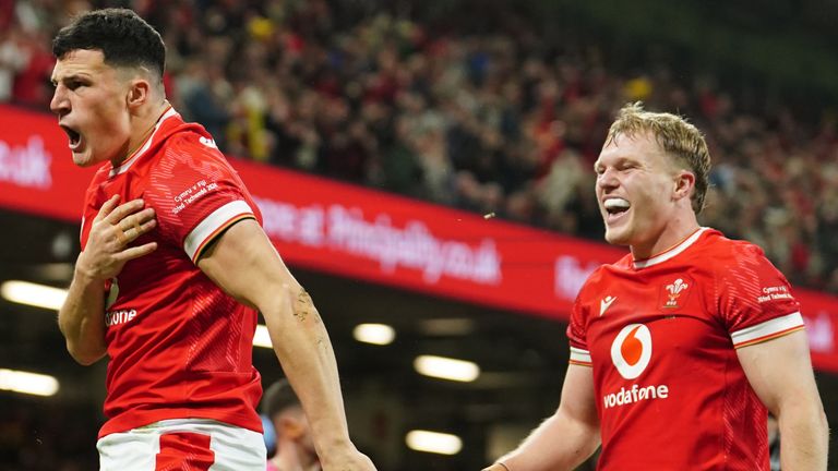 Wales' Ellis Bevan celebrates scoring their side's second try