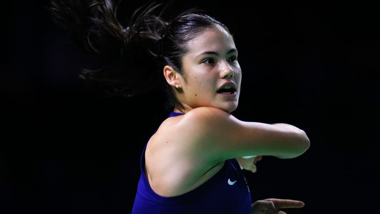 Great Britain's Emma Raducanu competes against Slovakia's Viktoria Hruncakova during a Billie Jean King Cup semi-final match at Martin Carpena Sports Hall in Malaga, southern Spain, on Tuesday, Nov. 19, 2024. (AP Photo/Manu Fernandez)