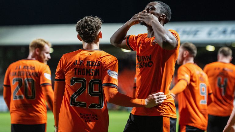 Dundee United's Emmanuel Adegboyega celebrates as he scores to make it 2-0 